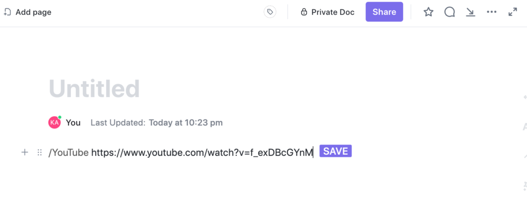 Adding a YouTube URL to Clickup doc