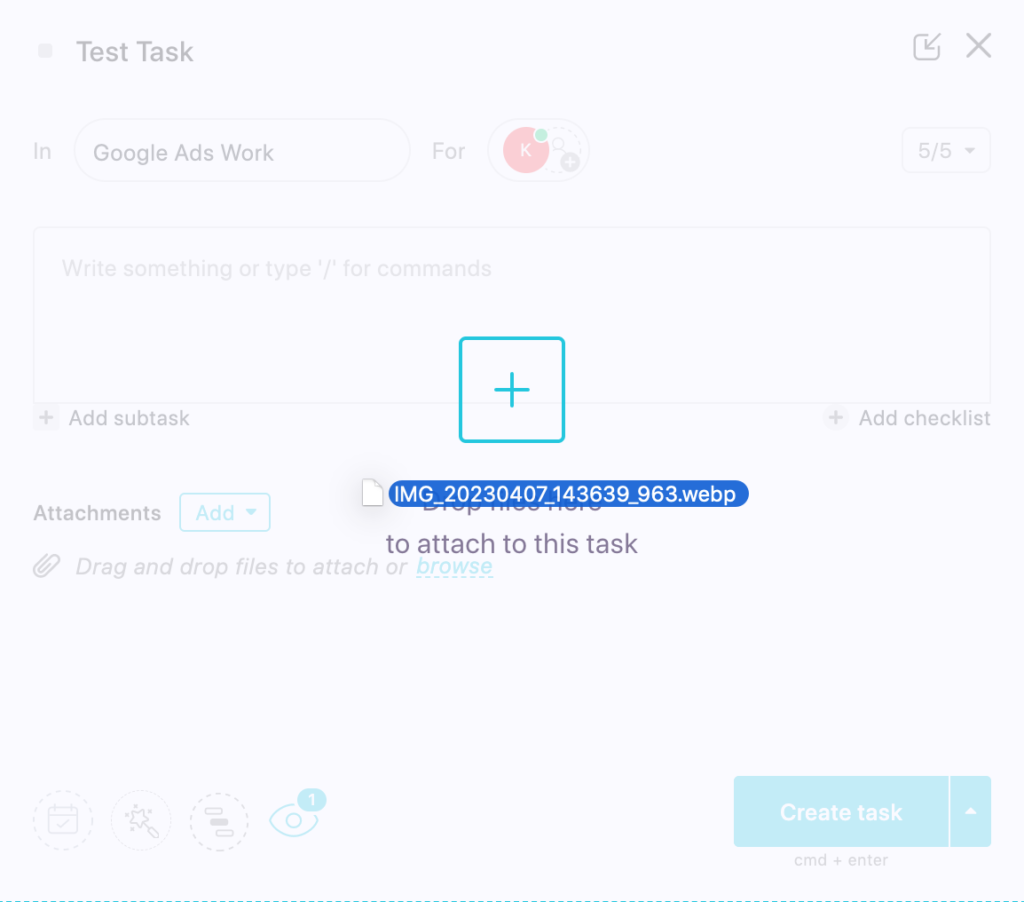 Add attachment by sliding in file on Clickup task