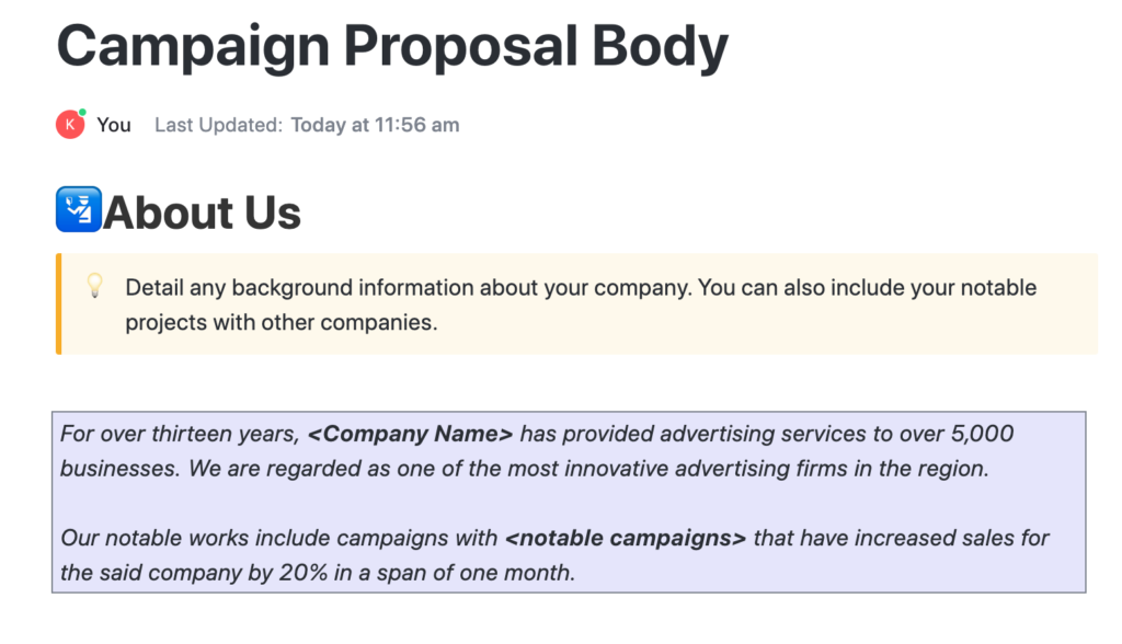 Adding about us section to a campaign proposal in Clickup document