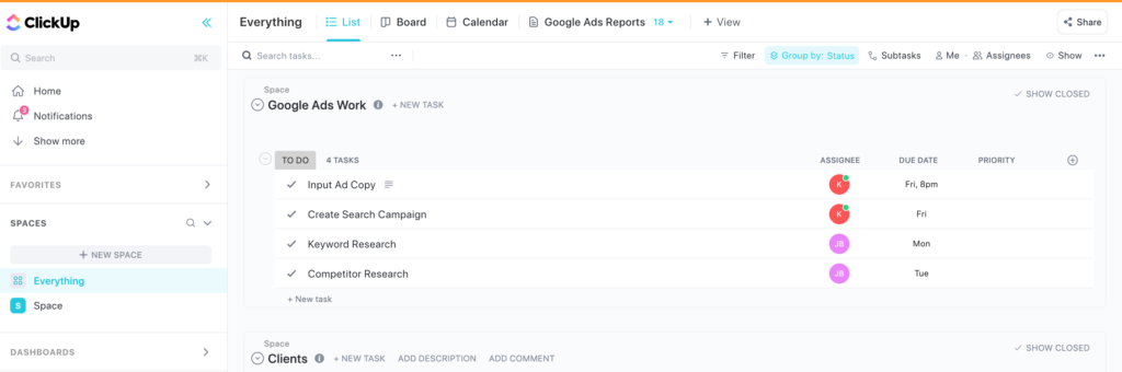 Clickup vs. Airtable dashboard for Clickup