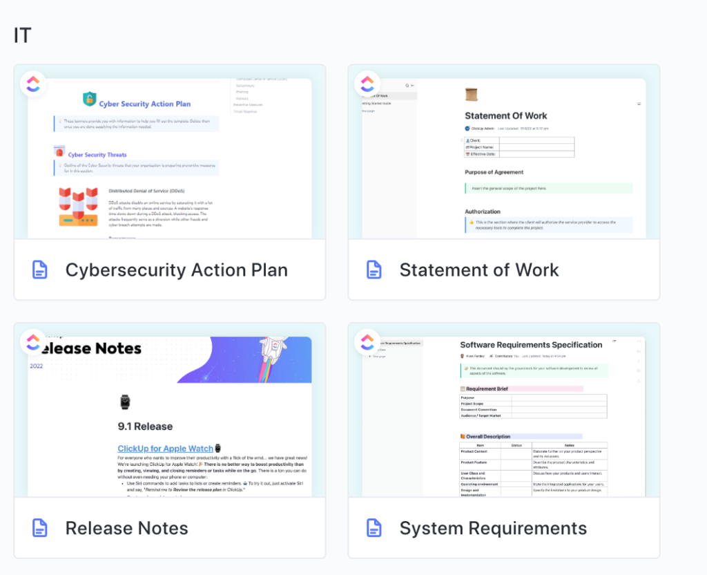 IT templates in clickup