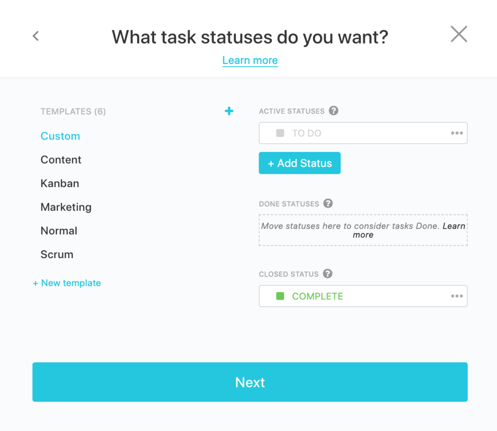 Setup a clickup space task statuses