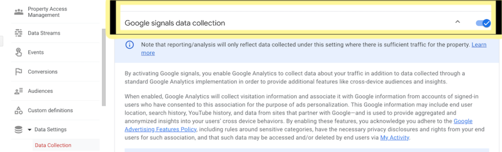 google signals data collection turned on in Google Analytics 4