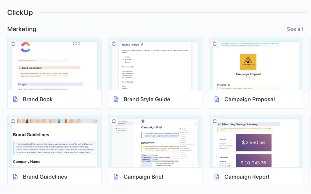 marketing templates in clickup