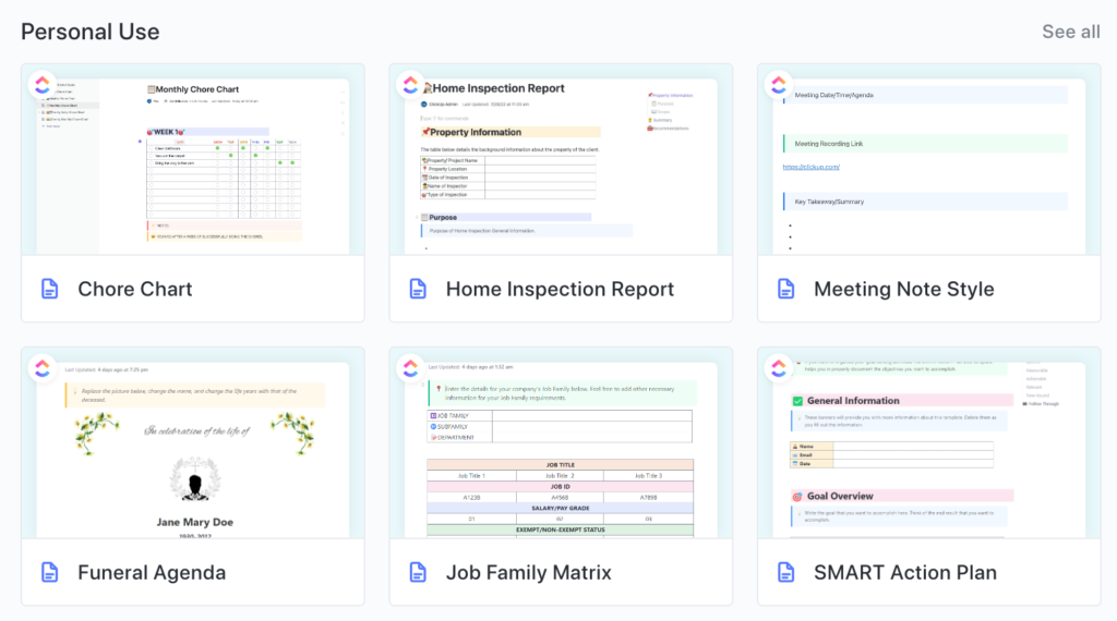 personal templates in Clickup