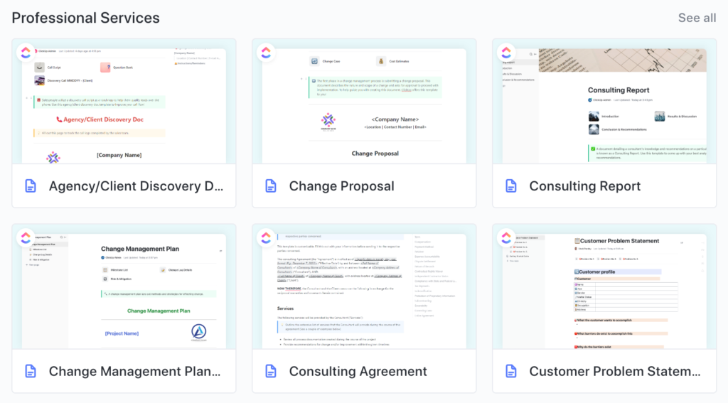 professional services templates in clickup