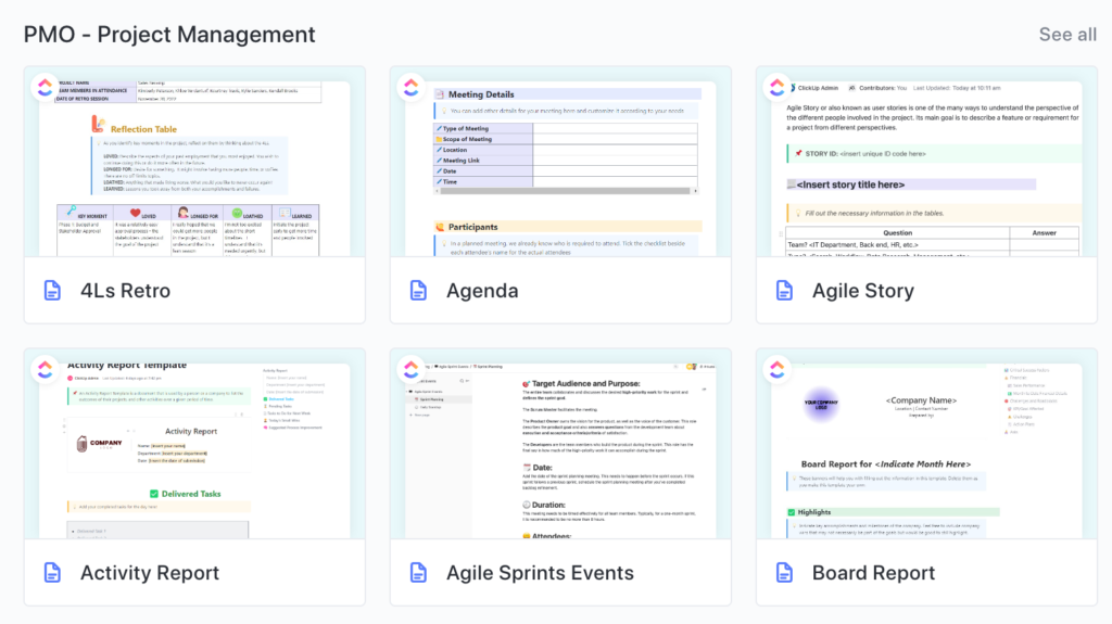 Project management templates in clickup